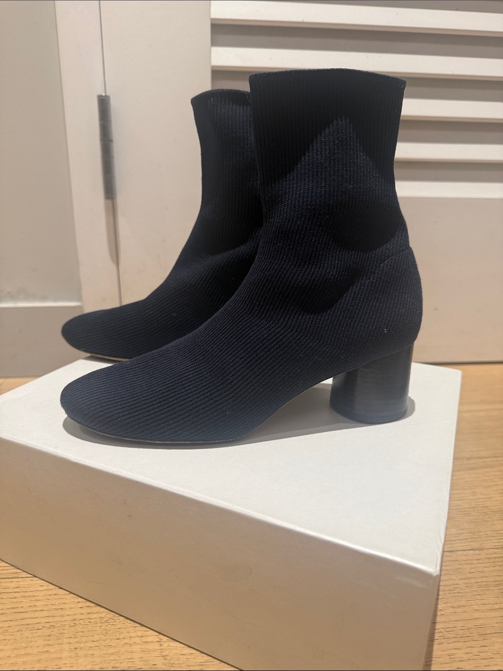 Vince “Tasha” Stretch-Knit Ankle Boots in “Marine”